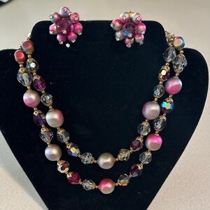 Vintage Elegant Pink and Silver Beaded 2 strand Necklace and Earring Set (803)